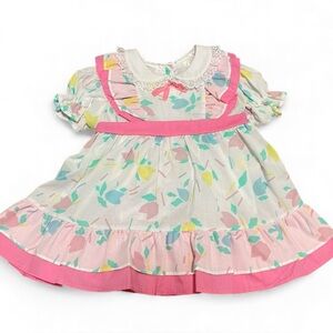 Vintage Baby Girl Cotton Dress 80s 90s Sears 1yr 26lb Floral Peter Pan Collar